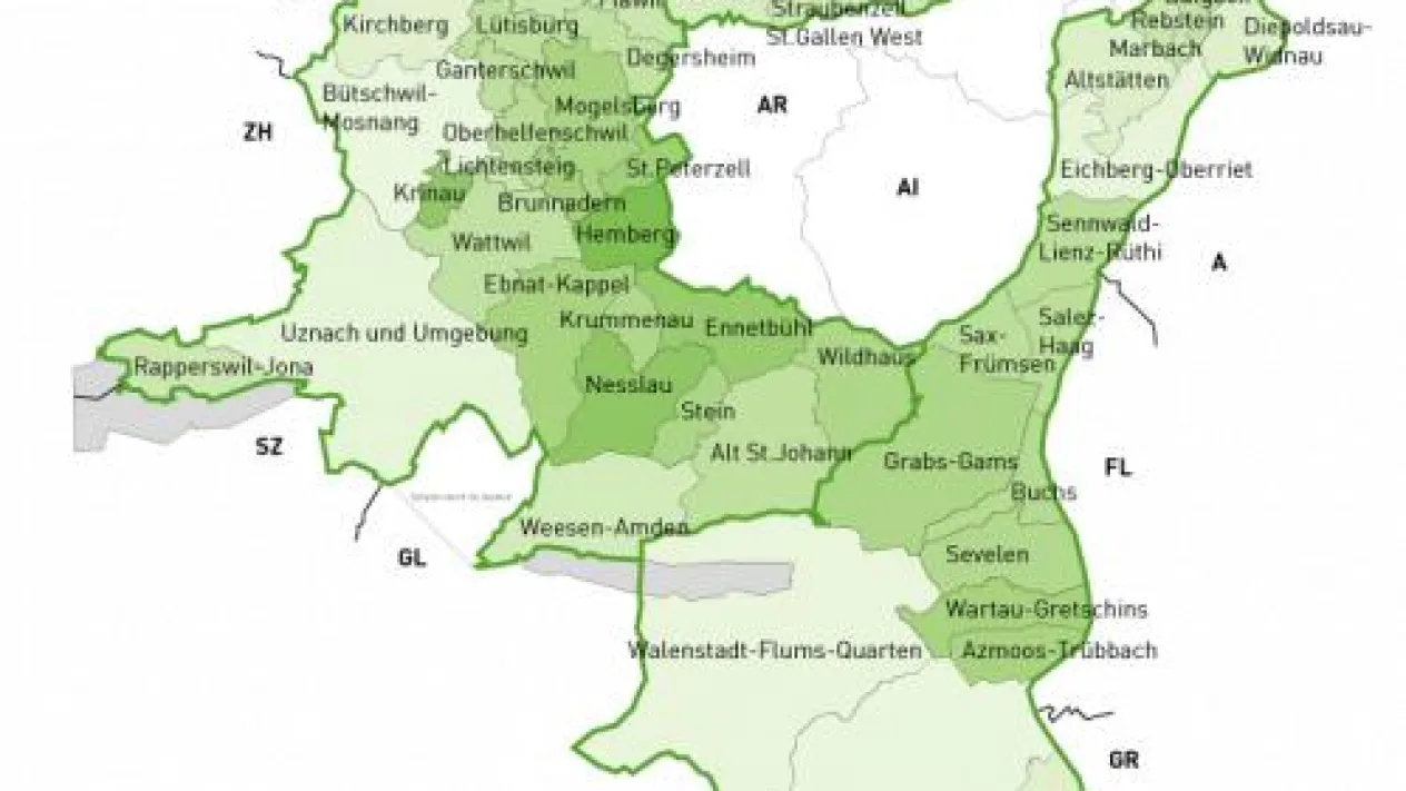 Die 55 Kirchgemeinden der St.Galler Kirche (Foto: Andreas Schwendener) Die 55 Kirchgemeinden der St.Galler Kirche: Die Evangelisch-reformierte Kirche des Kantons St.Gallen ist gegliedert in drei Pfarrkapitel mit insgesamt 55 Kirchgemeinden. (Foto: Andreas Schwendener)